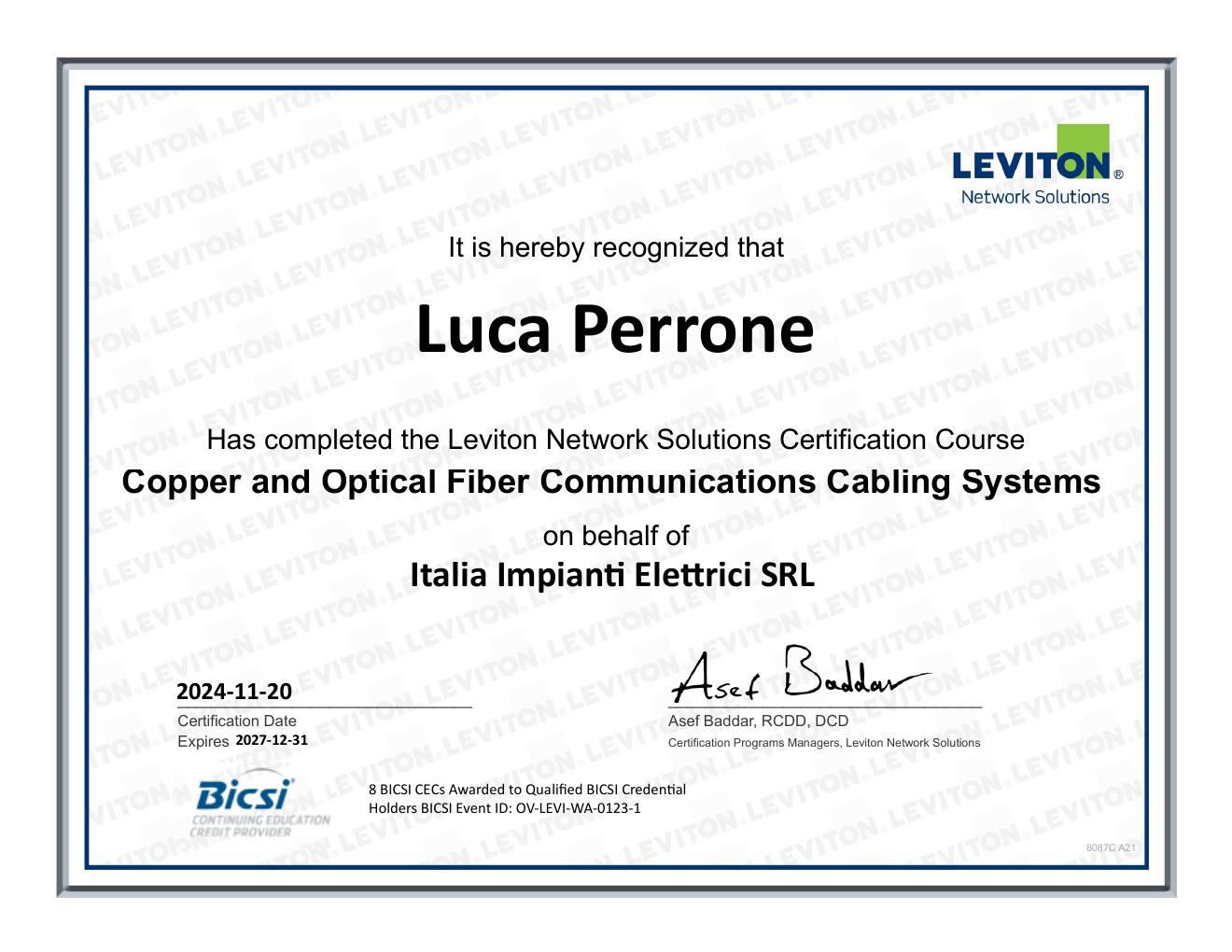 Certificazione Leviton Copper and Optical Fiber — Luca Perrone